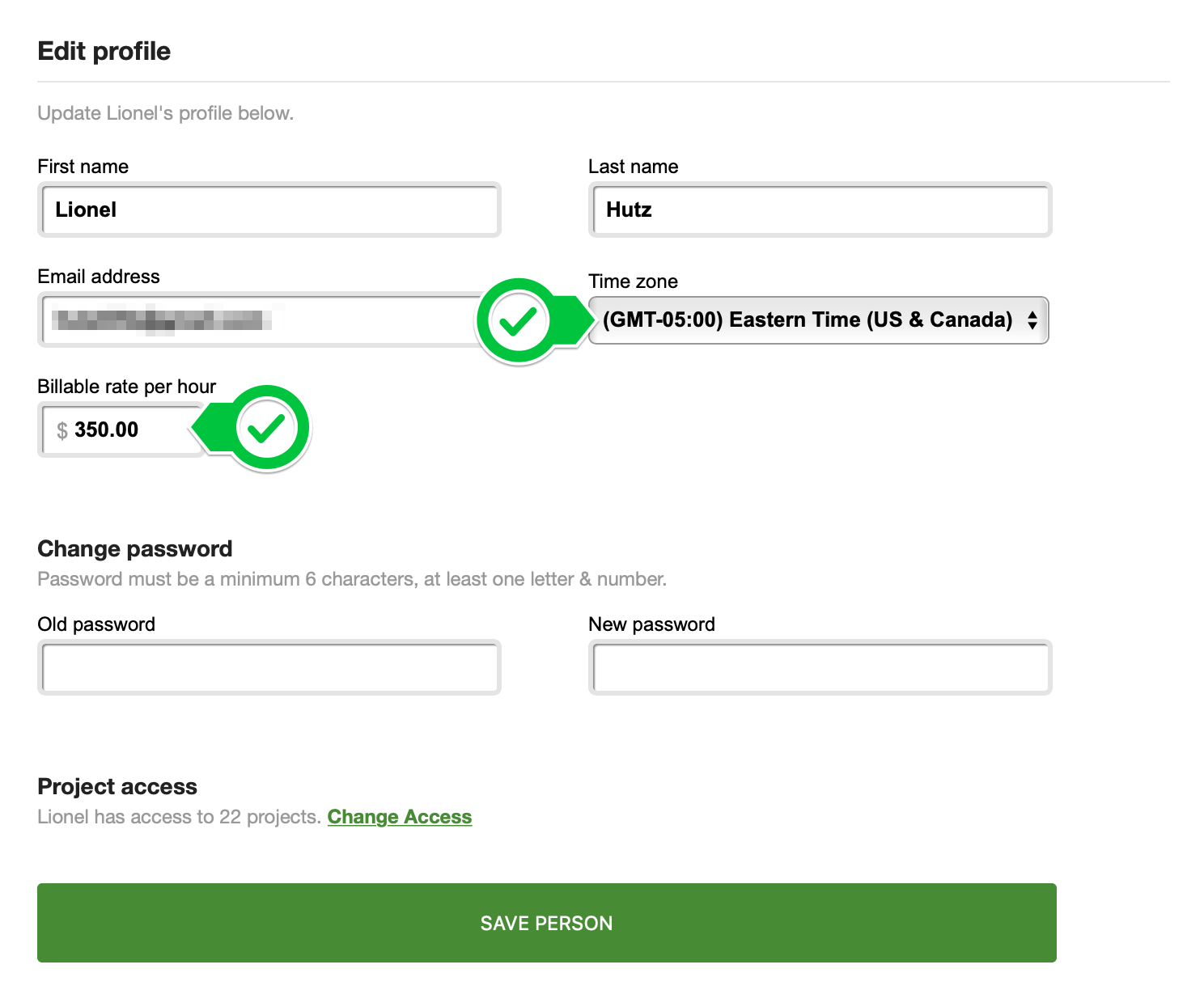 Setting billable rate and timezone