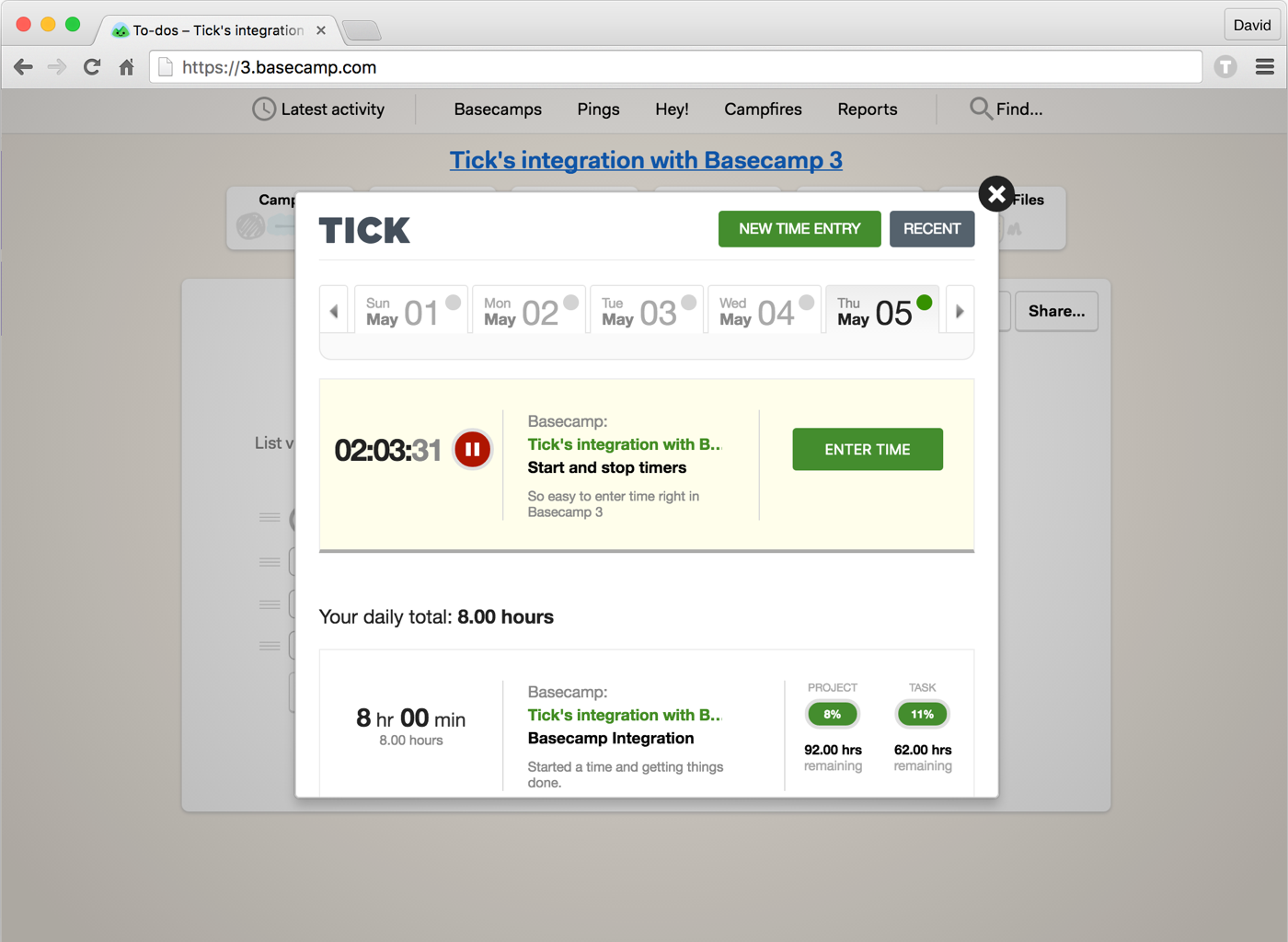 Entering time in Basecamp 3